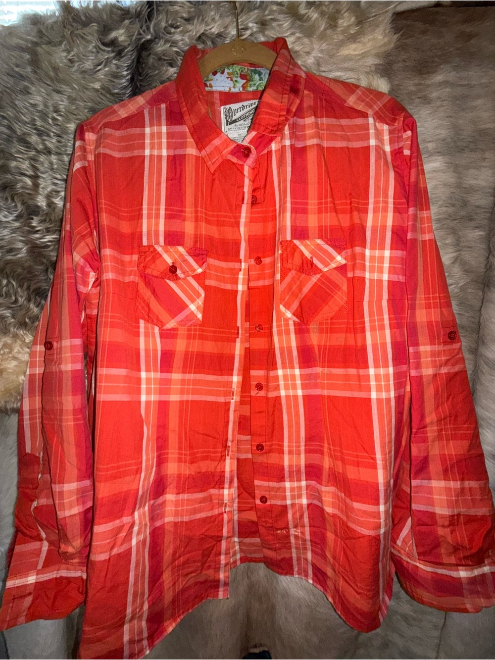 Overdrive Clothing XL Red Coral Plaid Cotton Button Down Shirt Roll Tab